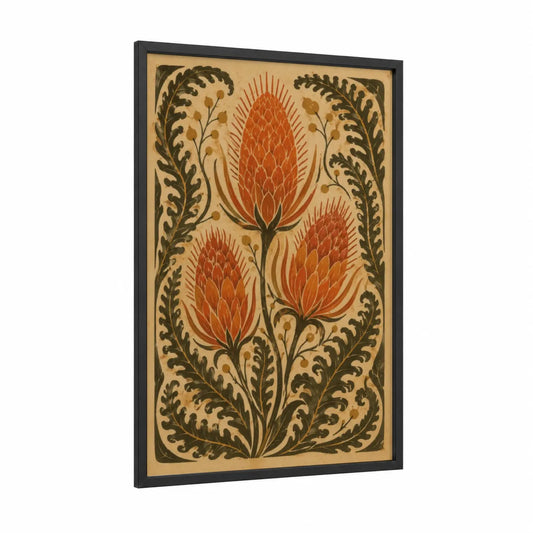 Vintage Botanical Flower Wall Art framed art print — black wood frame — orange and cream palette