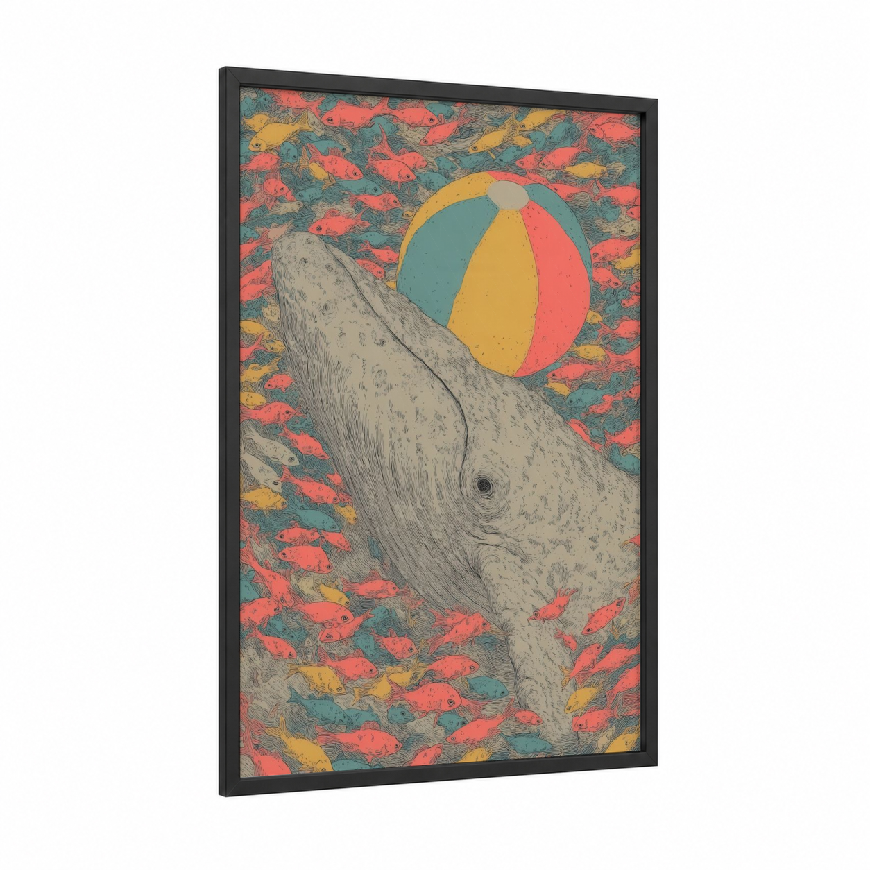 Playful Whale framed gray whale print — black wood frame — teal and salmon pink palette