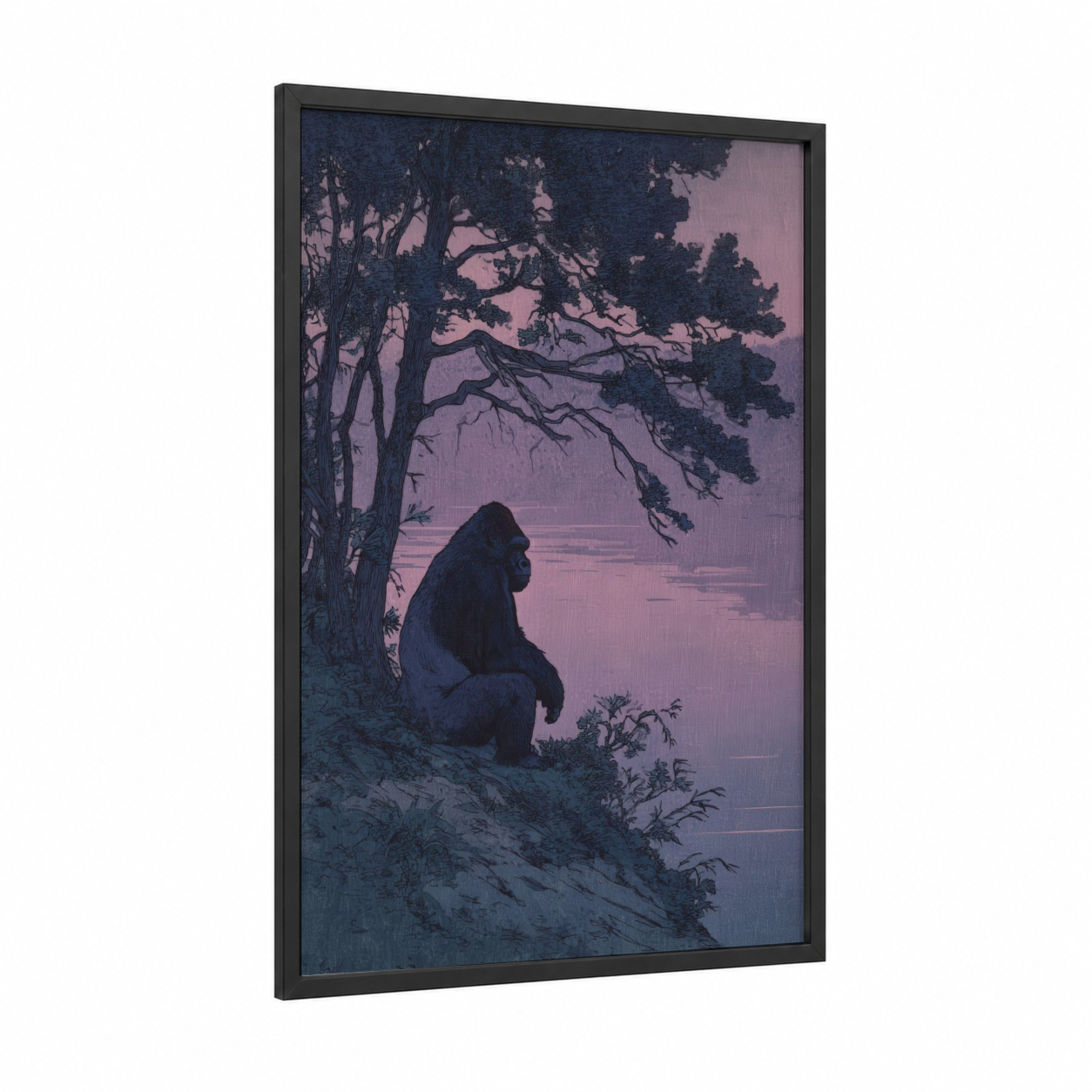 Twilight Gorilla framed art print — black wood frame — purple and blue palette