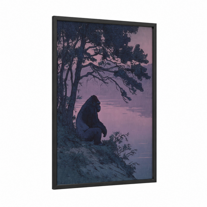 Twilight Gorilla framed art print — black wood frame — purple and blue palette