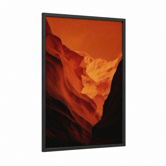 Golden Canyon Sunset framed art print — black wood frame — orange and red palette
