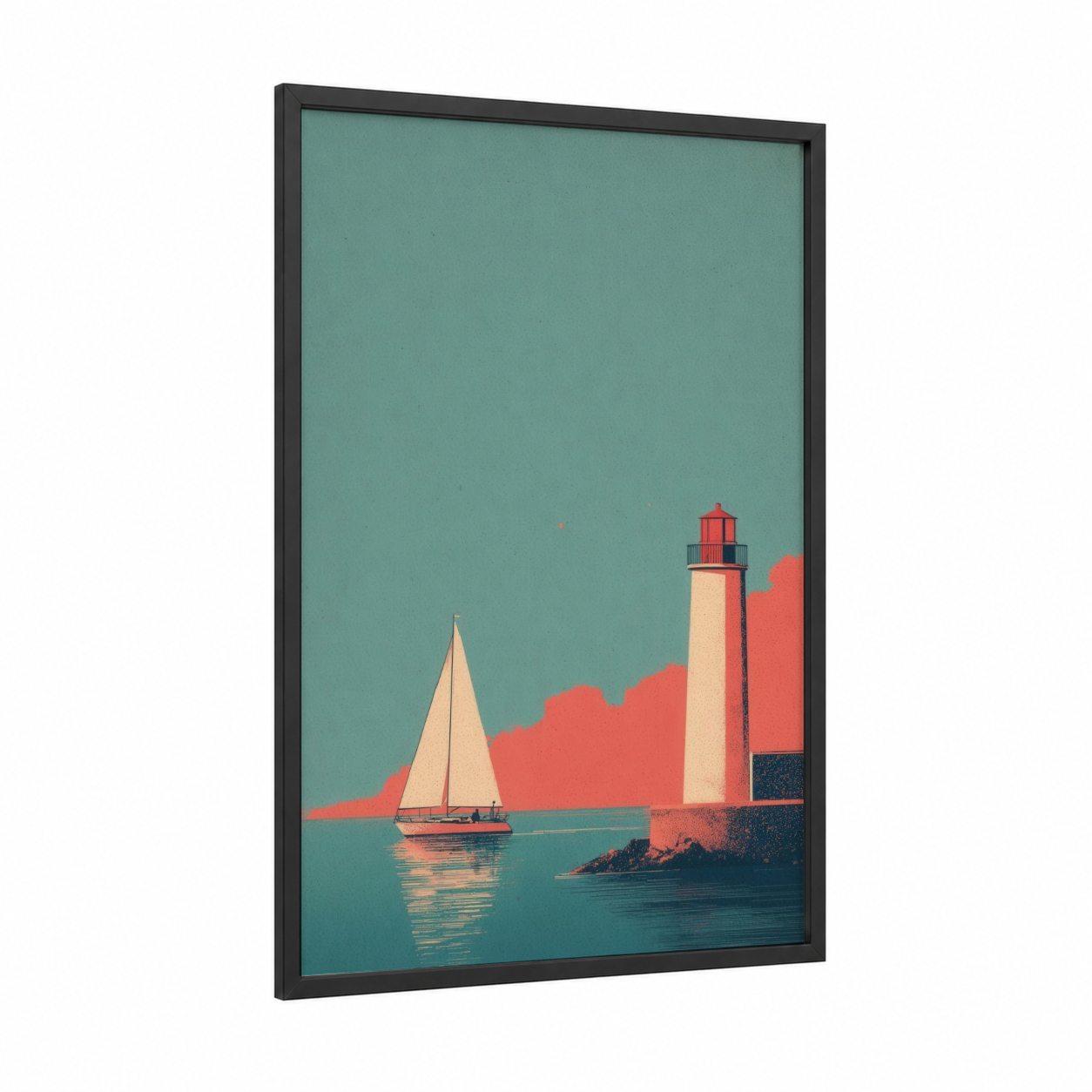 Coastal Lighthouse Sailing framed sailing ship print — black wood frame — teal and salmon pink palette