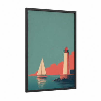 Coastal Lighthouse Sailing framed sailing ship print — black wood frame — teal and salmon pink palette