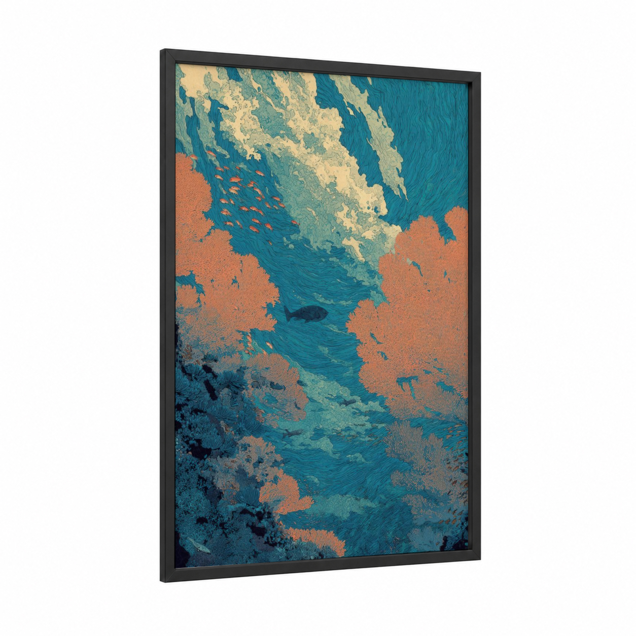 Coral Reef Depths framed art print — black wood frame — teal and salmon pink palette