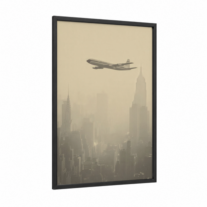 Manhattan Flyover framed commercial plane print — black wood frame — cream and gray palette