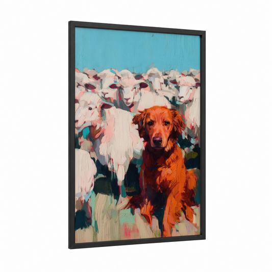 Shepherd Among Sheep framed shepherd dogs and collies print — black wood frame — orange and blue and white palette