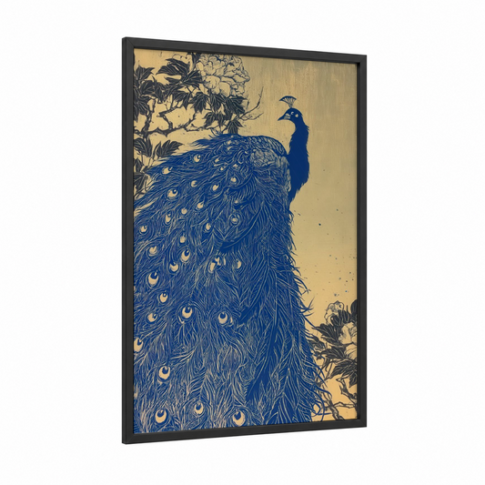 Royal Peacock framed art print — black wood frame — blue and gold palette