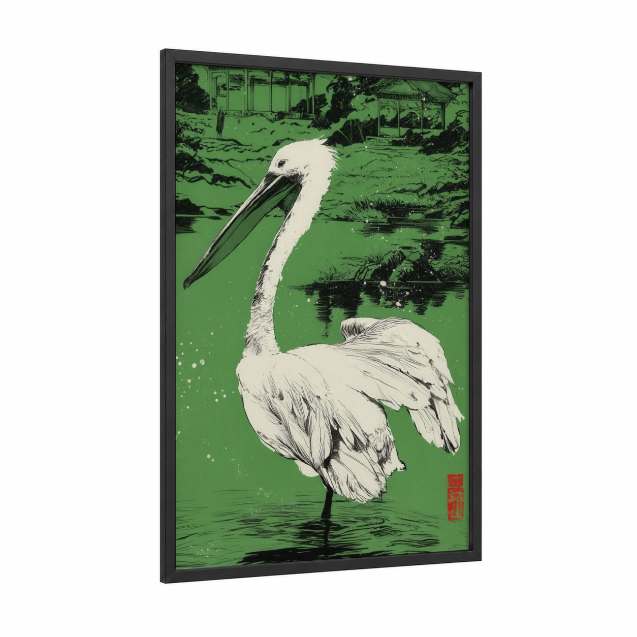 Emerald Pelican framed art print — black wood frame — true green and black and white palette