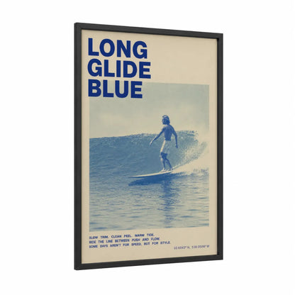 Vintage Surf Rider Ocean Wave Wall Art framed surfing print — black wood frame — blue and beige palette
