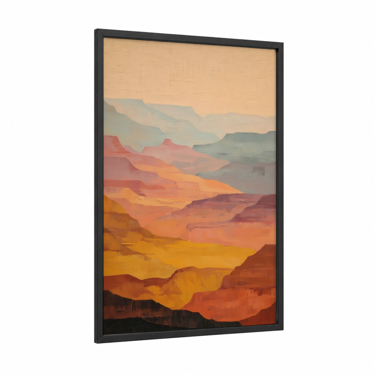 Canyon Rainbow Layers framed art print — black wood frame — yellow gold and russet palette