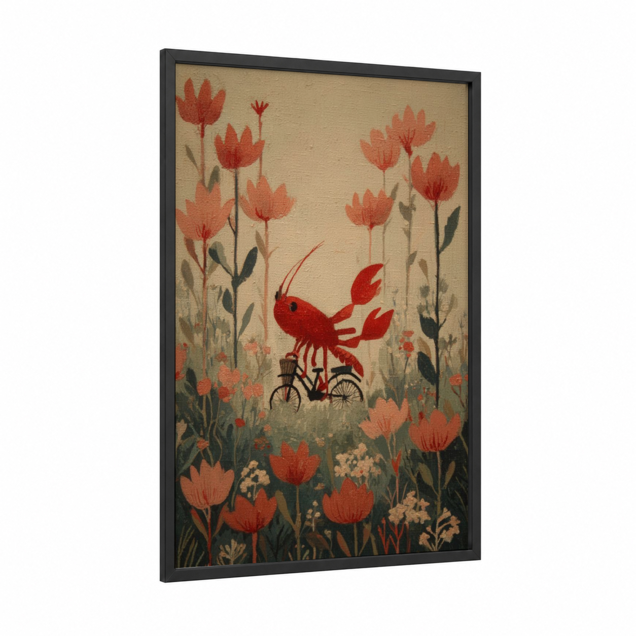 Pedaling Lobster framed art print — black wood frame — red and beige palette