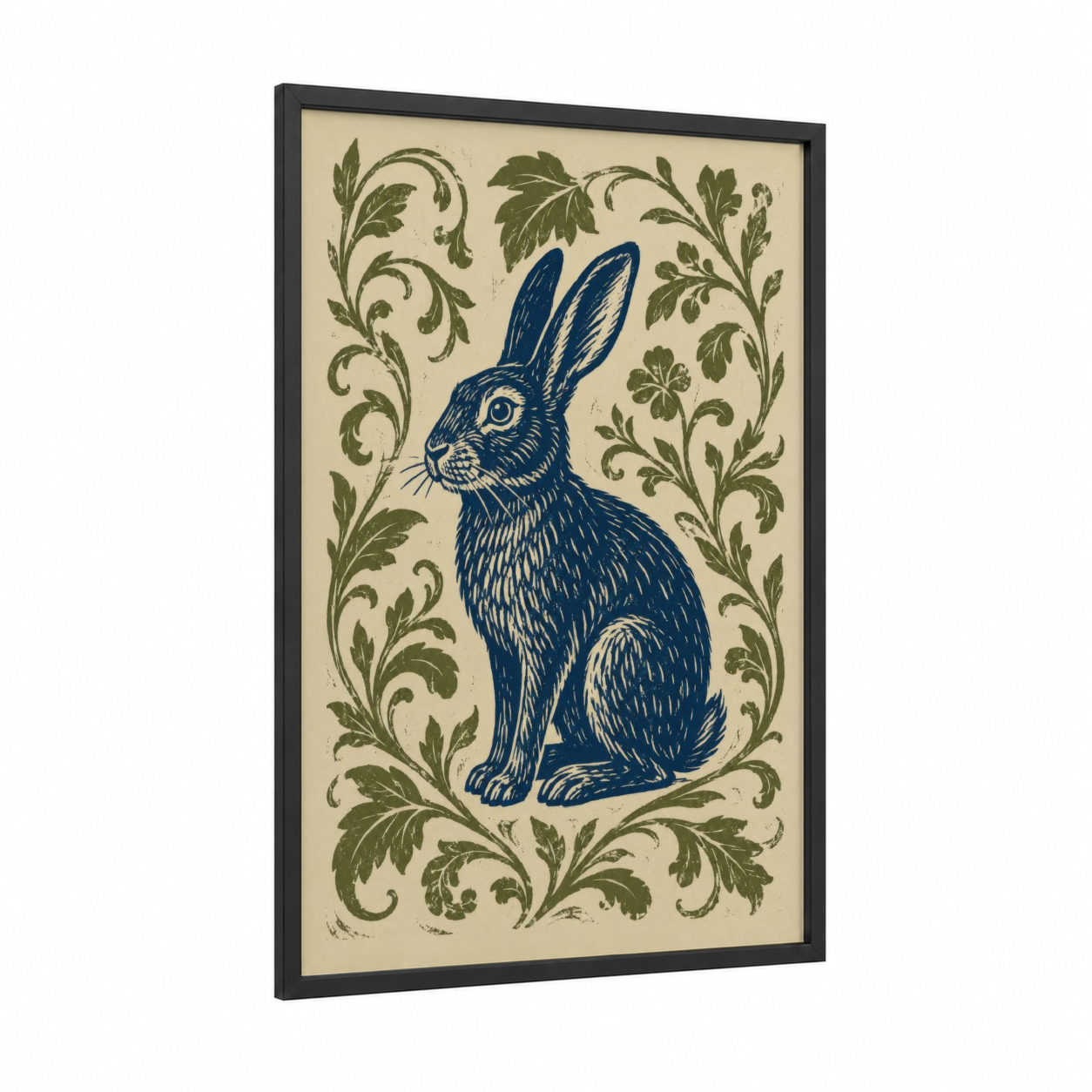 Blue Rabbit Botanical Wall Art framed art print — black wood frame — blue and olive palette