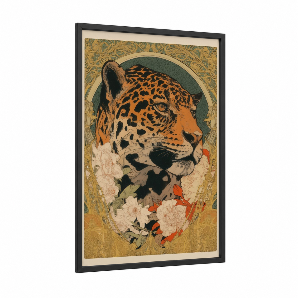 Floral Jaguar framed art print — black wood frame — gold and orange palette