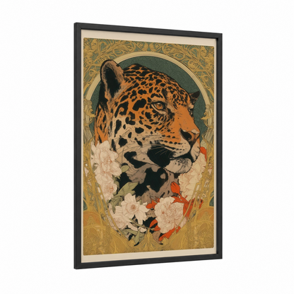 Floral Jaguar framed art print — black wood frame — gold and orange palette