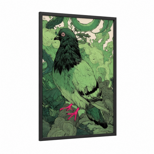 Emerald Pigeon framed art print — black wood frame — green and black and white palette