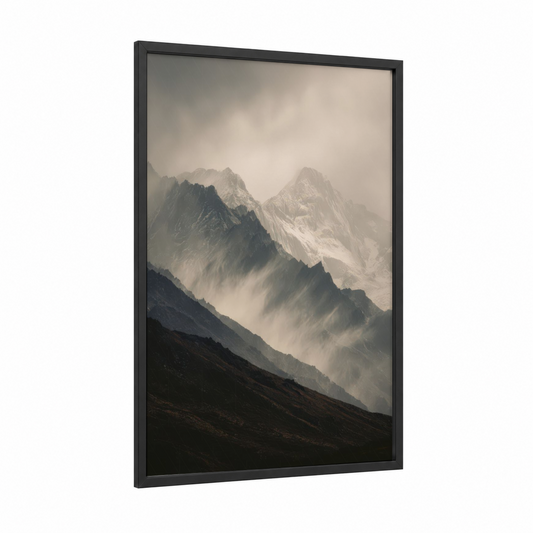 Misty Himalayas framed art print — black wood frame — gray and white and dove gray palette