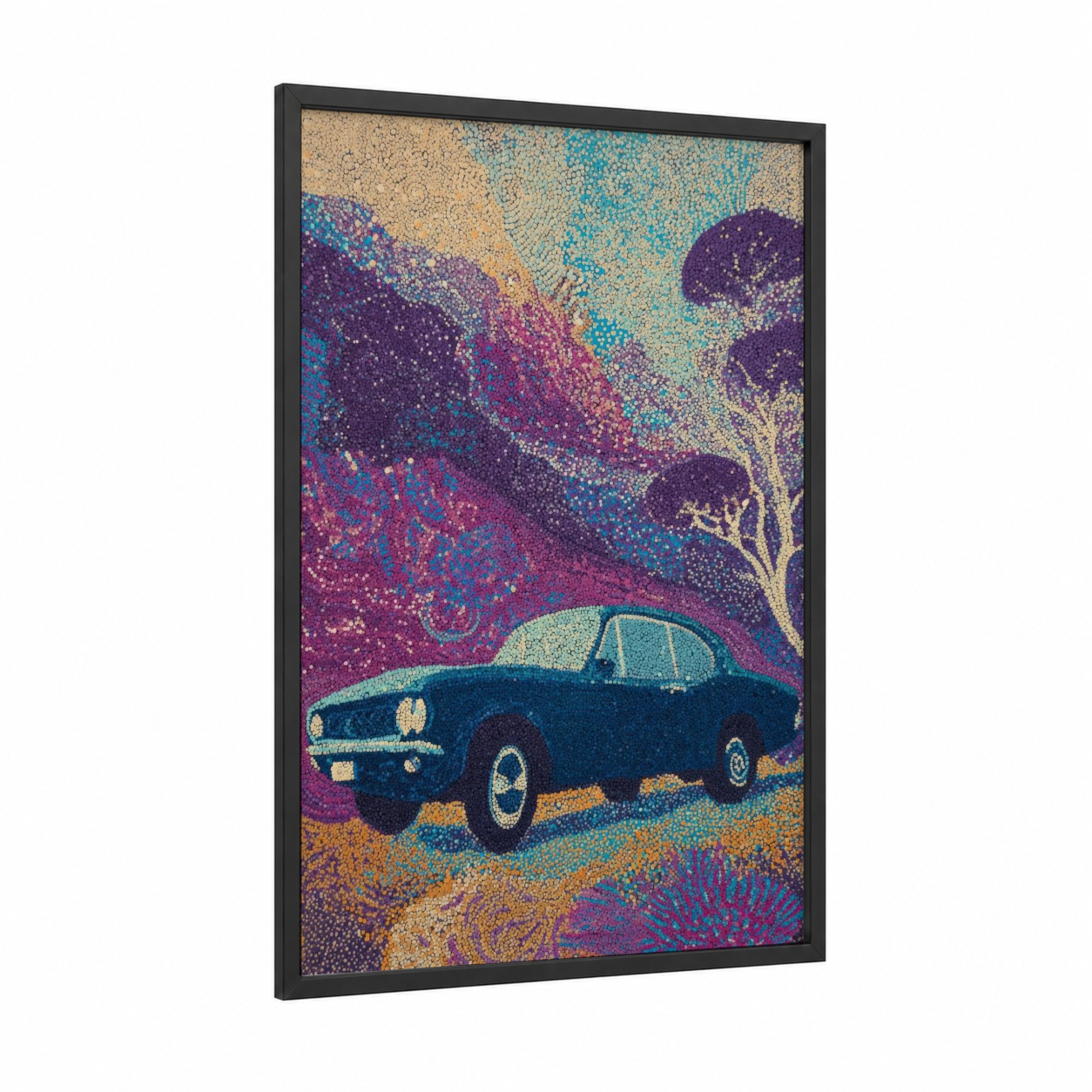 Vintage Dream Car framed classic car print — black wood frame — magenta and teal palette