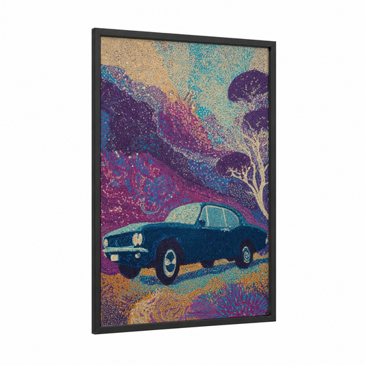 Vintage Dream Car framed classic car print — black wood frame — magenta and teal palette