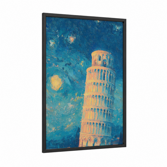 Starry Pisa framed leaning tower of pisa print — black wood frame — blue and gold palette