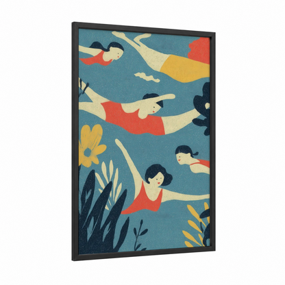 Graceful Swimmers framed synchronized swimming print — black wood frame — blue and gold palette