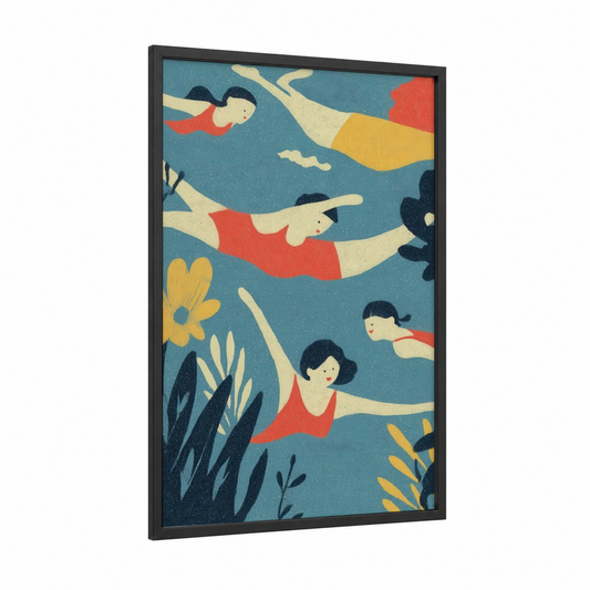 Graceful Swimmers framed synchronized swimming print — black wood frame — blue and gold palette