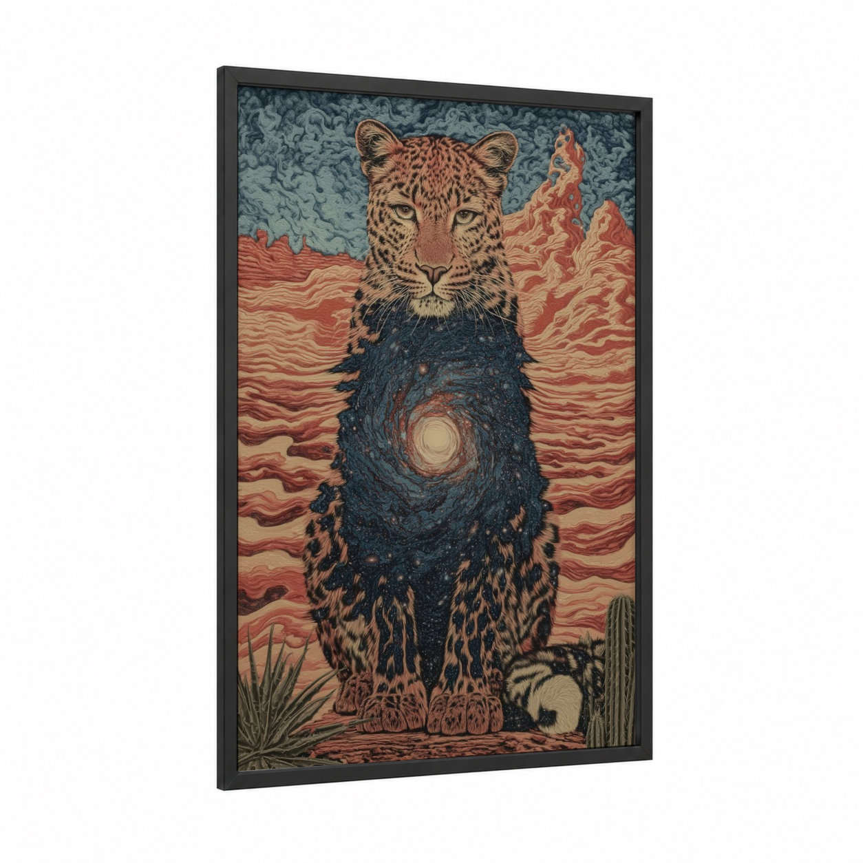 Cosmic Leopard framed art print — black wood frame — red and blue palette