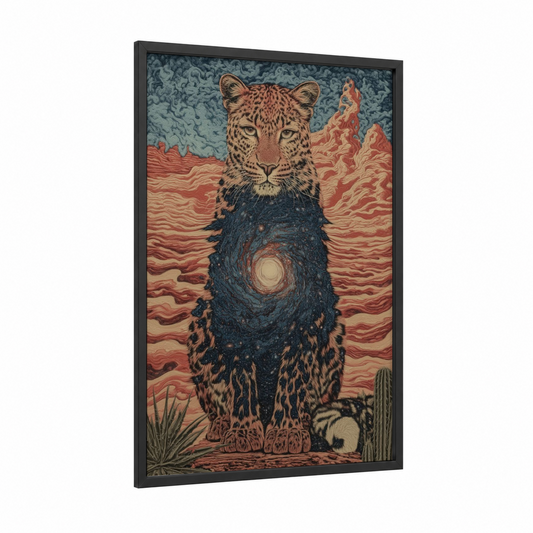 Cosmic Leopard framed art print — black wood frame — red and blue palette