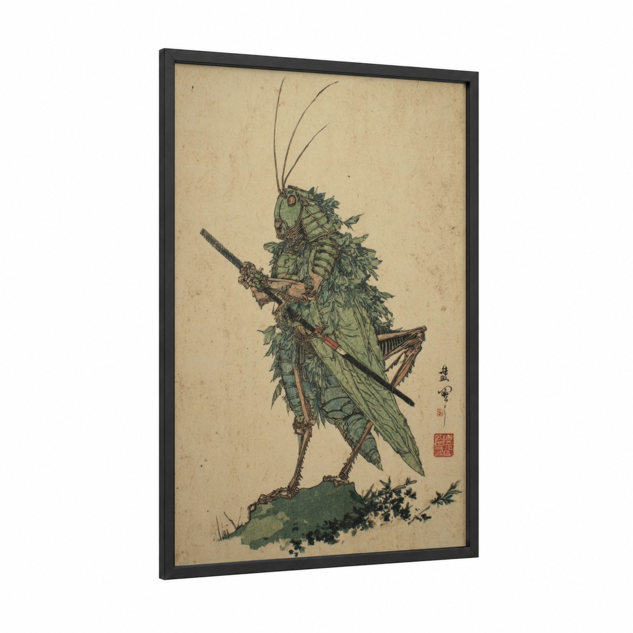 Armored Grasshopper framed art print — black wood frame — light green and cream palette