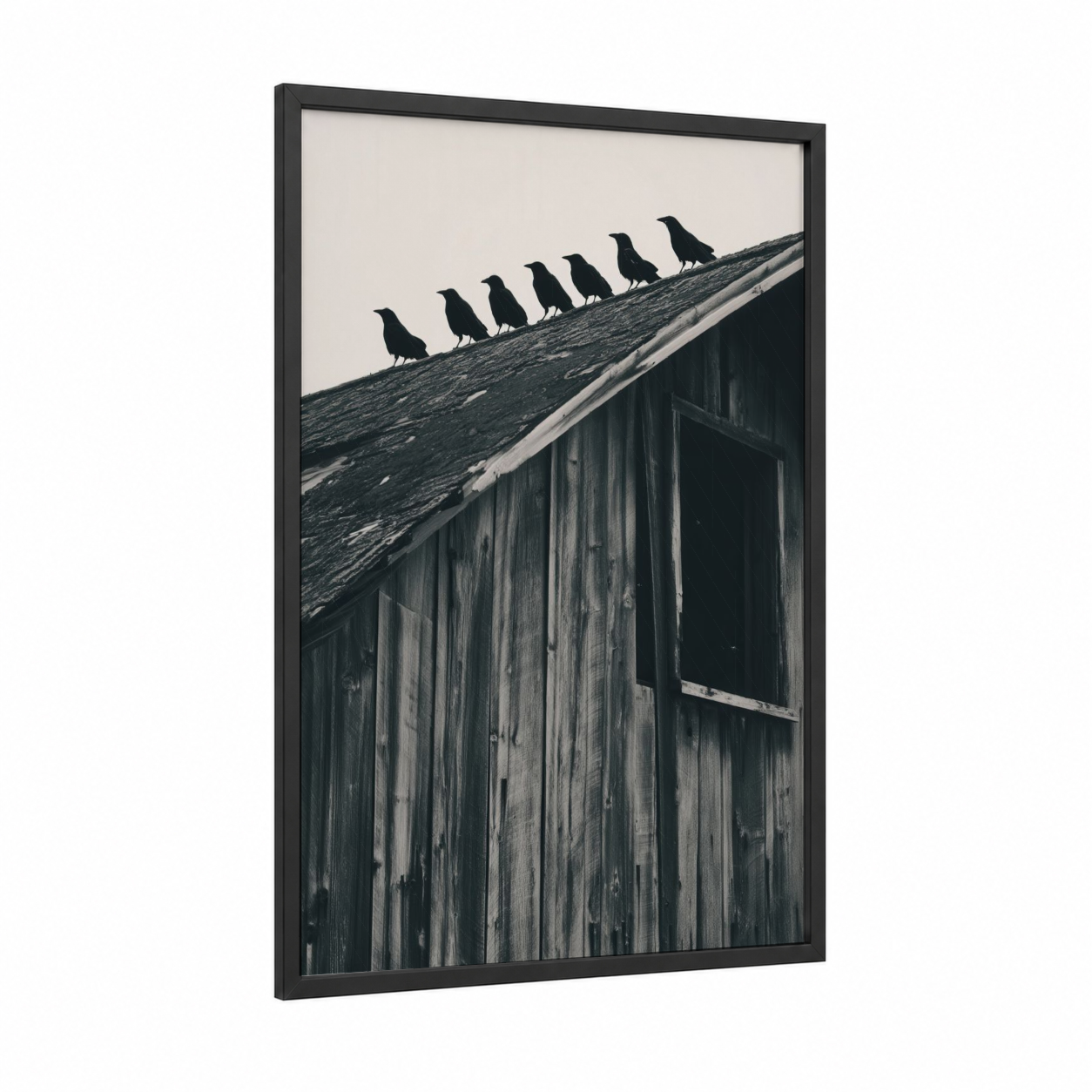 Rooftop Crows framed crows and ravens print — black wood frame — black and white and gray palette