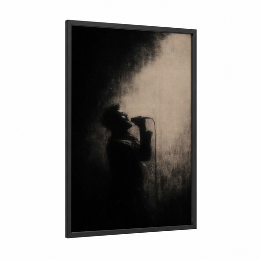 Silhouette Singer framed rock'n roll print — black wood frame — black and white and beige palette