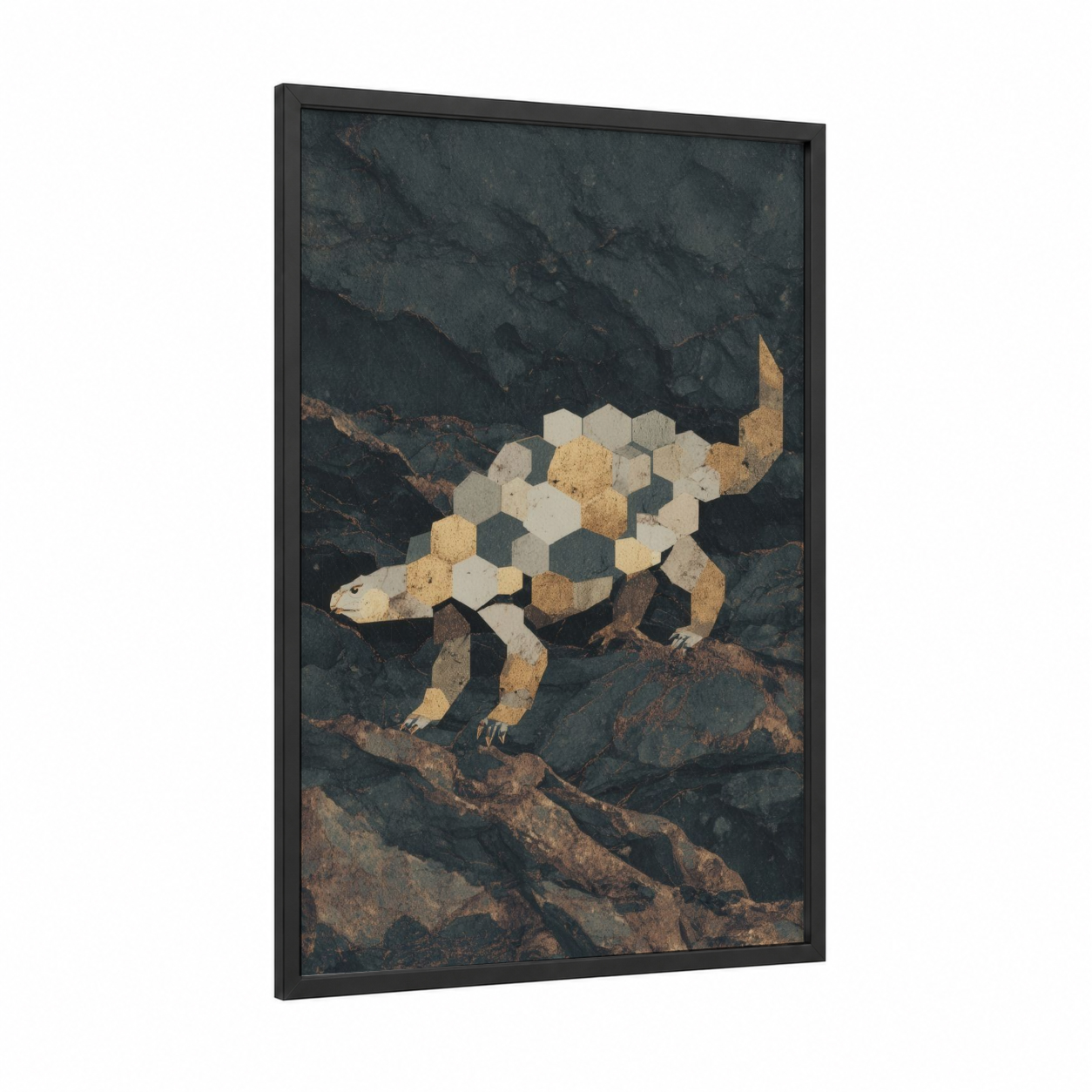 Armored Dinosaur framed art print — black wood frame — gold and gray palette