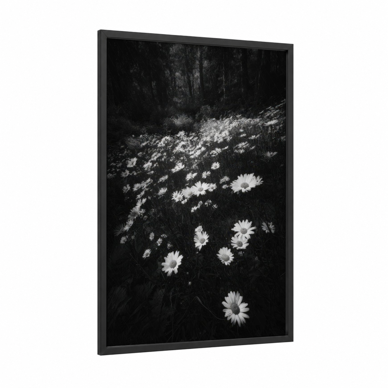 Forest Daisy Field framed art print — black wood frame — black and white and gray palette