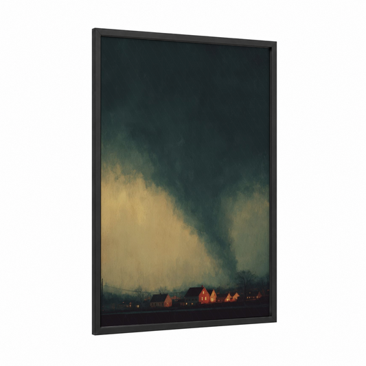 Ominous Tornado framed art print — black wood frame — dark green and yellow gold palette