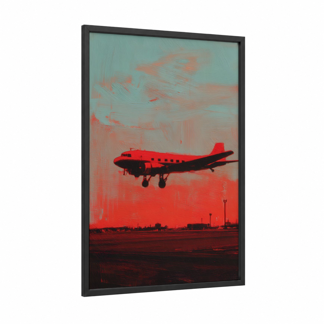 Crimson Departure framed vintage airplane print — black wood frame — red and turquoise palette