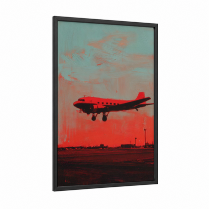 Crimson Departure framed vintage airplane print — black wood frame — red and turquoise palette