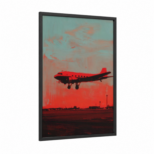 Crimson Departure framed vintage airplane print — black wood frame — red and turquoise palette