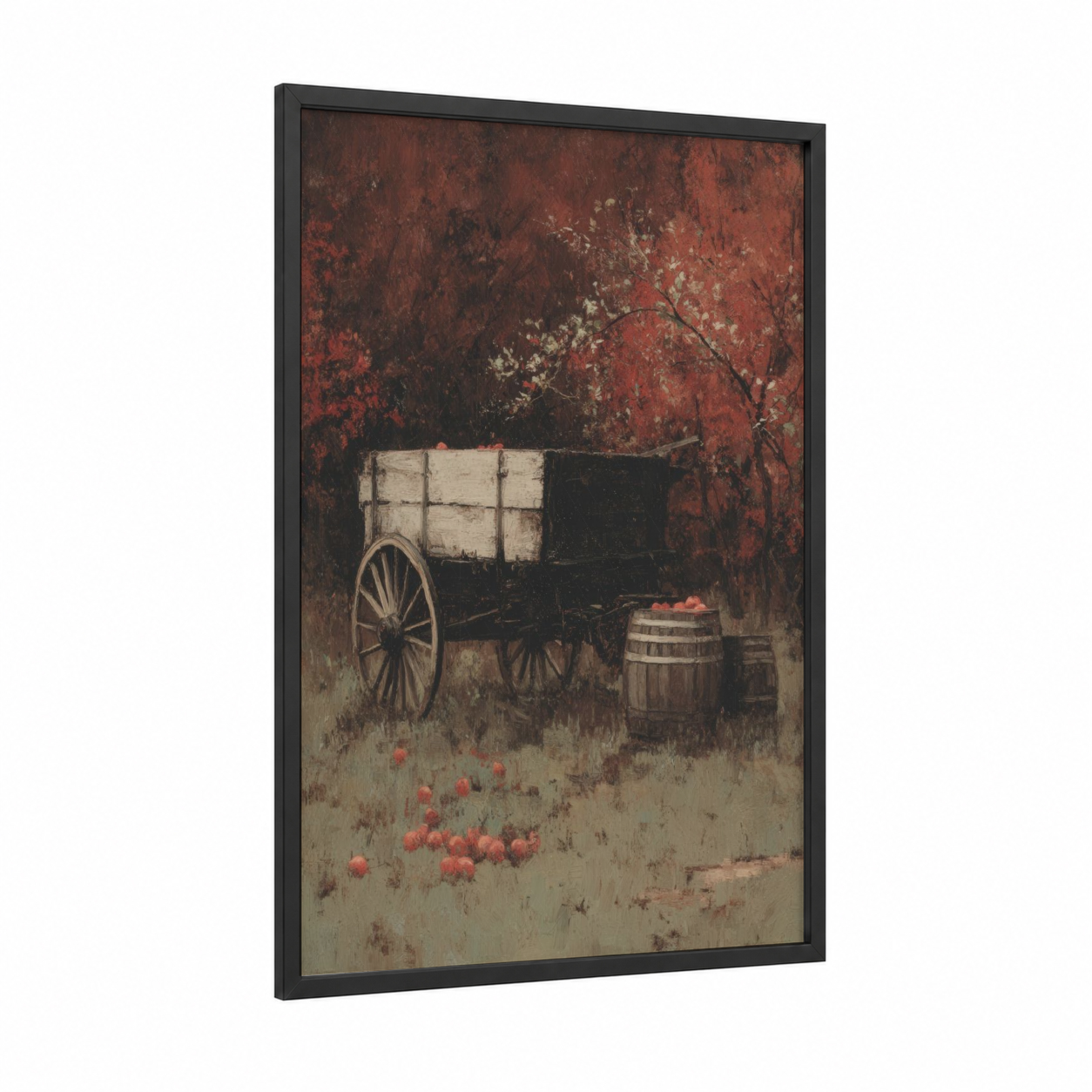 Rustic Harvest Wagon framed art print — black wood frame — russet and cream palette