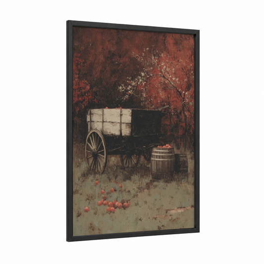 Rustic Harvest Wagon framed art print — black wood frame — russet and cream palette