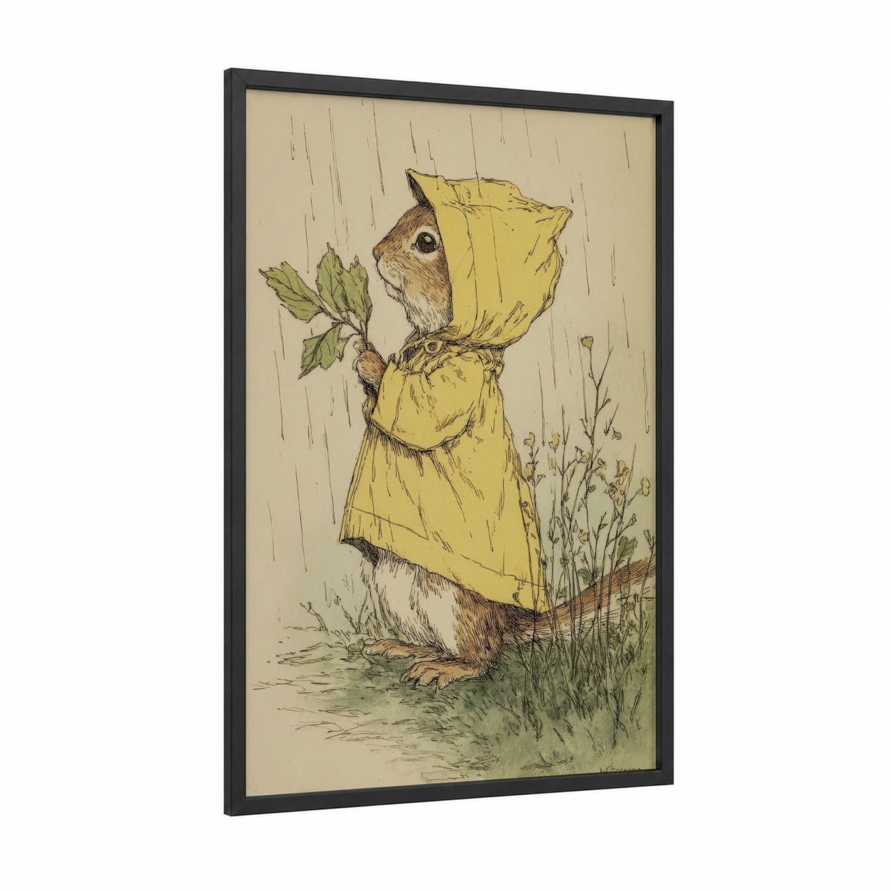 Rainy Day Squirrel framed art print — black wood frame — cream and light green palette