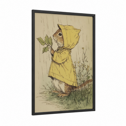 Rainy Day Squirrel framed art print — black wood frame — cream and light green palette