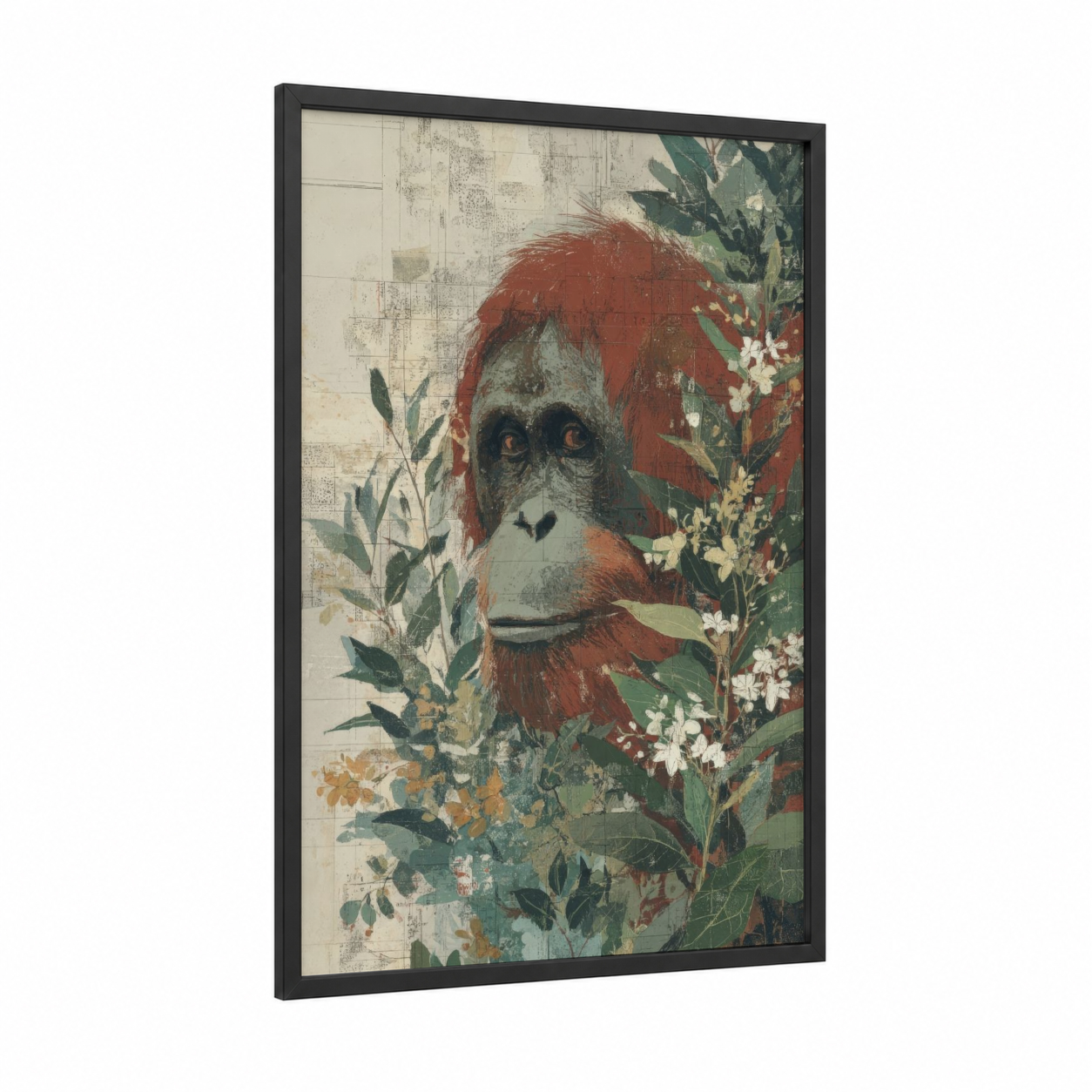 Russet Orangutan Portrait framed art print — black wood frame — russet and dark green palette
