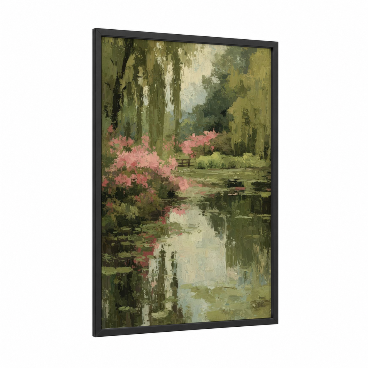 Spring Blossom Garden framed art print — black wood frame — light green and pink palette
