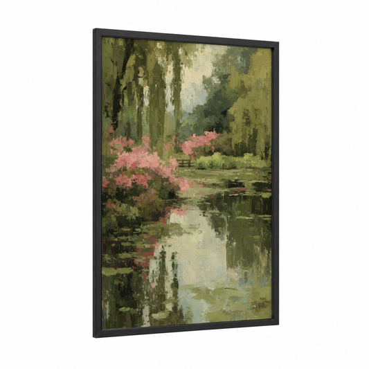 Spring Blossom Garden framed art print — black wood frame — light green and pink palette