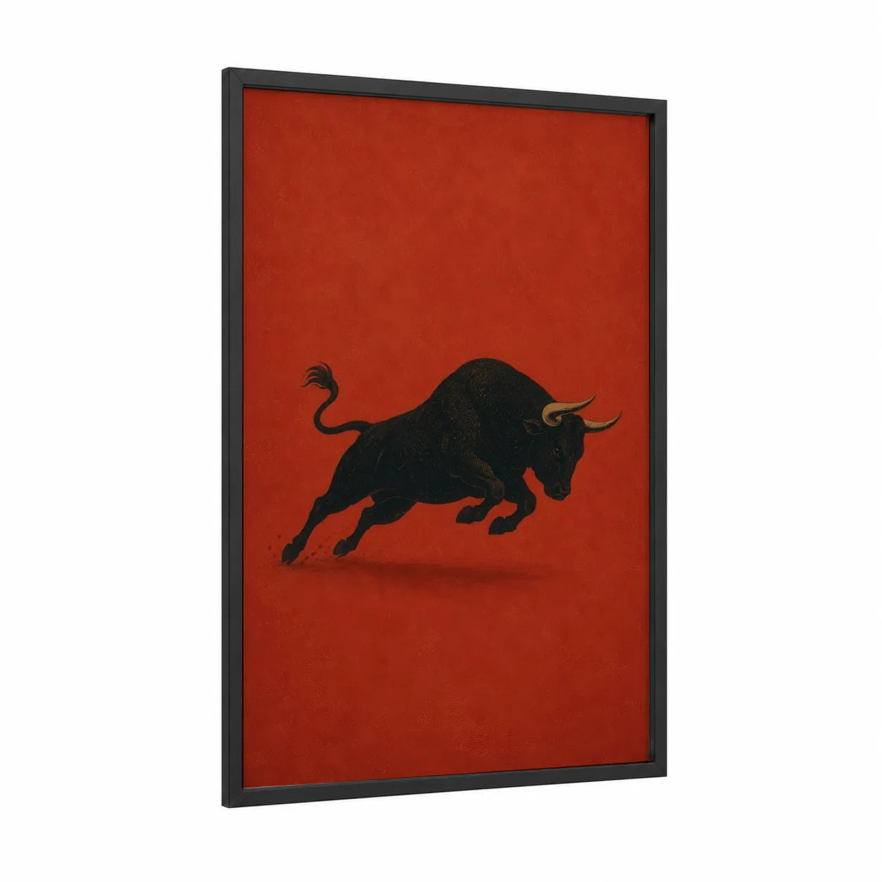 Black Bull on Red Wall Art framed art print — black wood frame — red and black palette