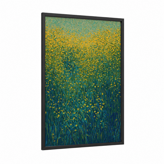 Golden Dandelion Field framed green field print — black wood frame — yellow gold and true green palette