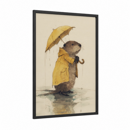 Rainy Day Beaver framed art print — black wood frame — yellow gold and brown palette