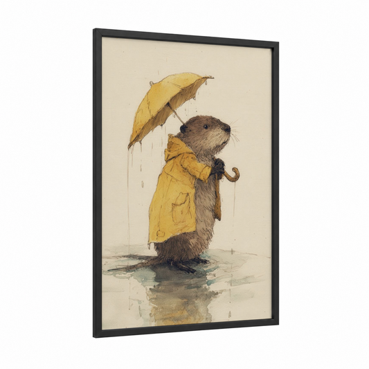 Rainy Day Beaver framed art print — black wood frame — yellow gold and brown palette