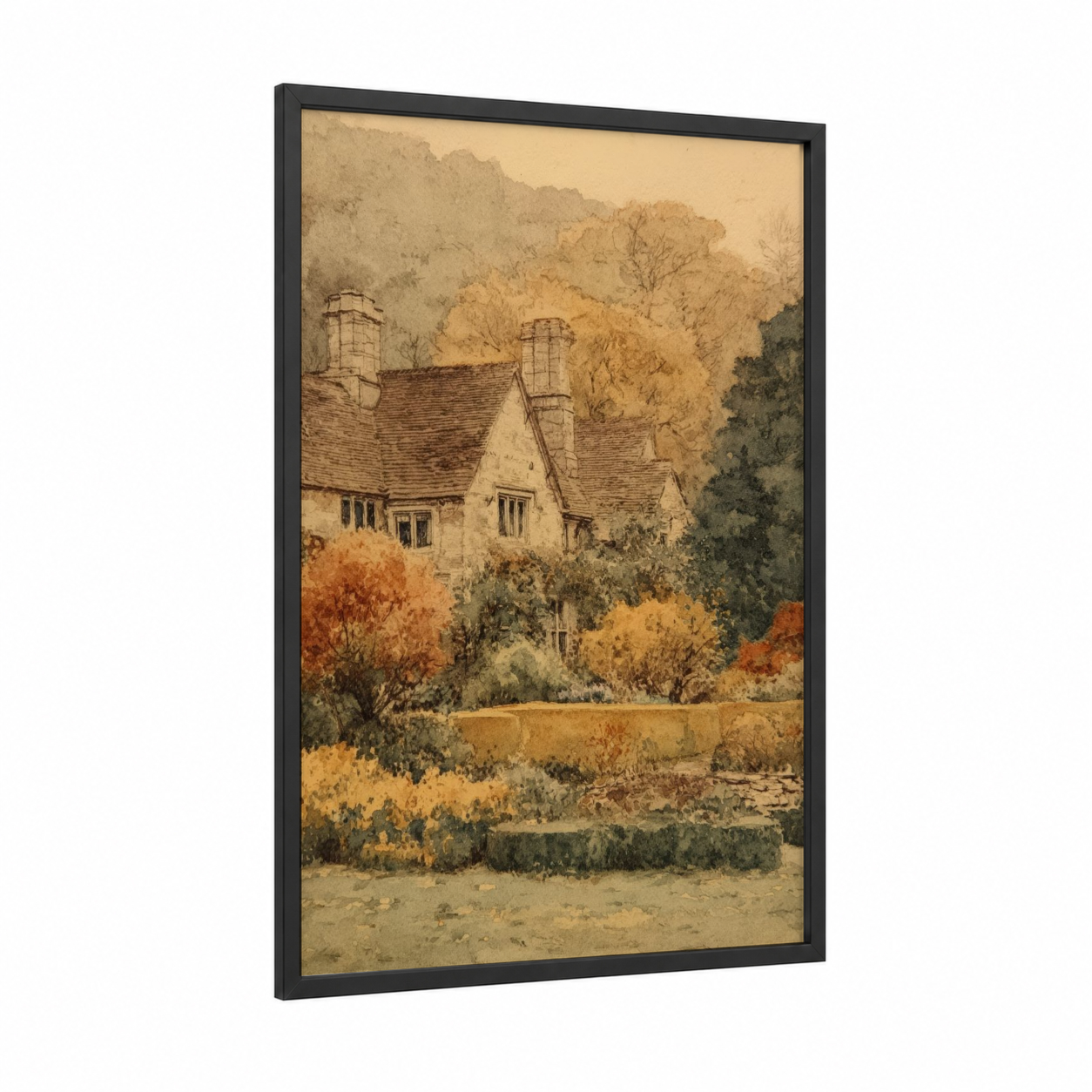 Autumn Cottage framed art print — black wood frame — gold and russet palette