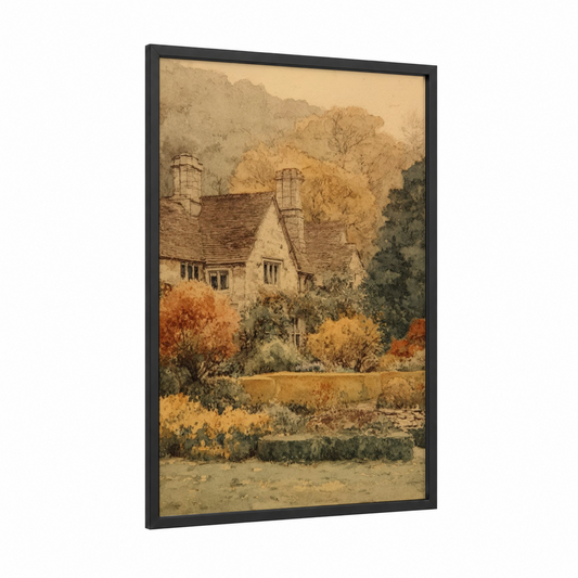 Autumn Cottage framed art print — black wood frame — gold and russet palette