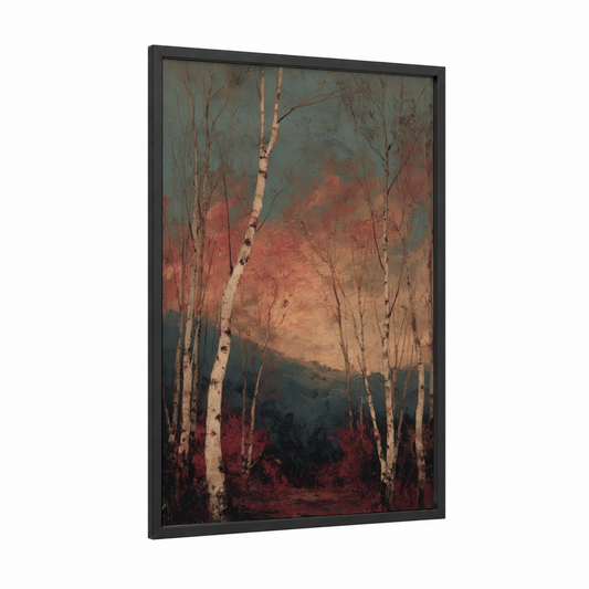 Autumn Birch Forest framed art print — black wood frame — sage green palette